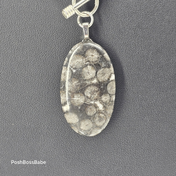 Handmade Black Glass Bead Necklace with Zebra Jasper Pendant - Picture 7 of 10